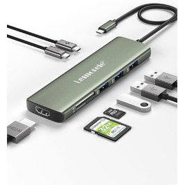 Док-станція Lemorele 2025 Upgrade: USB-C/A, 10Gbps, 3 монітори, 14 в 1, HDMI 4K, Ethernet, USB 3.2/2.0, VGA, Type-C 3.1, PD 100W, SD/TF, для Windows, MacBook (зелена)
