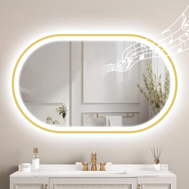 Дзеркало для ванної кімнати STARLEAD овальне LED з підсвічуванням 90x60 см, Bluetooth, диммер, 3 кольори світла, протитуманне покриття, функція пам'яті, HD скло, IP44, горизонтальне/вертикальне, без рамки, Munich Gold (Bluetooth)