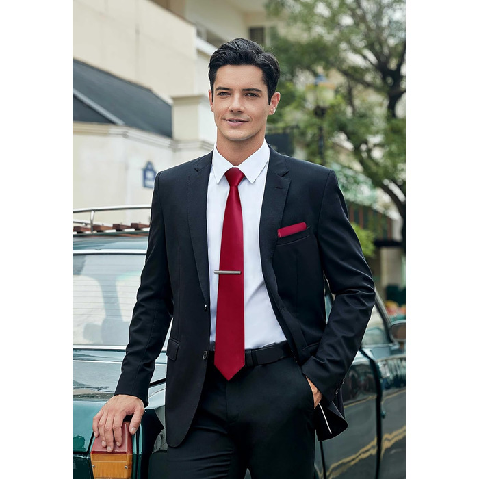 HISDERN Комплект краваток для чоловіків: класична однотонна краватка, нагрудна хустинка та краватки-кліпси. Ідеально для вечірок, весіль та особливих подій. Темно-червоний колір.