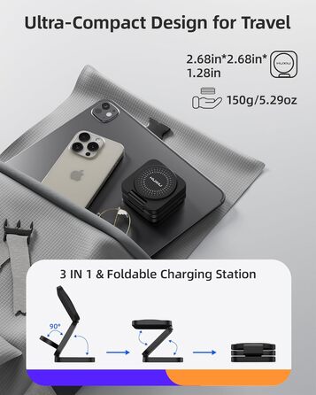 Зарядний пристрій KU XIU X55 Turbo Qi2.2 25W 3-в-1 для Apple Watch, iPhone 17-12 та AirPods, магнітний складаний стенд, адаптер 45W (Чорний)