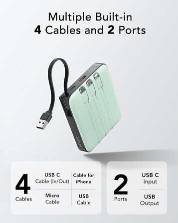 Power Bank VRURC 20000mAh з кабелем USB-C 22.5W QC3.0 Швидка зарядка Зовнішній акумулятор для iPhone, Huawei, Android (Зелений)