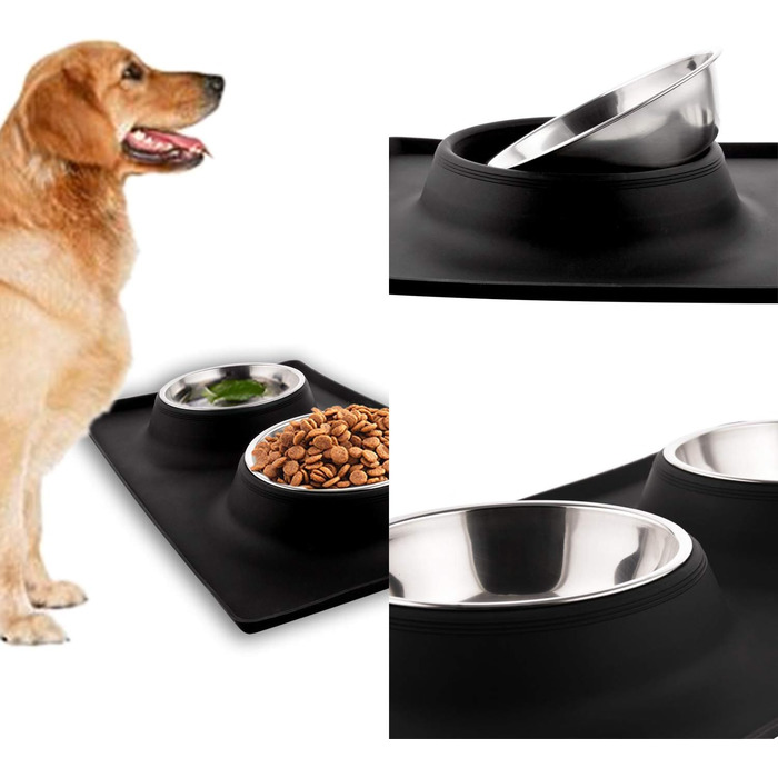 Набори мисок для собак та котів MOACC: 2 шт. по 400 мл, нержавіюча сталь, антиковзаюча підставка, для подорожей, чорний квадрат