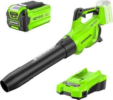 Акумуляторний повітродув Greenworks 40V, 193 км/год, 14,2 м³/хв, регульована насадка, плавне регулювання швидкості, комплект з акумулятором 2Ah і зарядним пристроєм