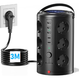 Багаторозеткова мережева стрічка з 5 USB, 12 розеток, захистом від перенапруги, 3м кабель, чорний колір