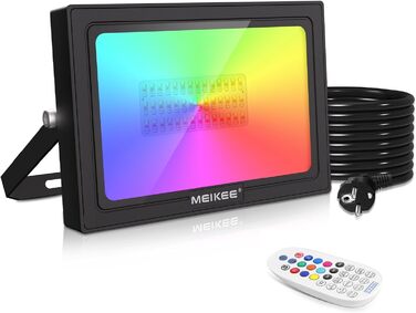MEIKEE 60W RGB Floodlight with Remote Control, 30 Modes, 10 Colors, Timer, RGB Floodlight, IP66 Waterproof, 6 Brightness Levels, Spotlight, Colorful, Christmas, Halloween, Party, LED Floodlight, Decorative, 2 Pieces (1pc)