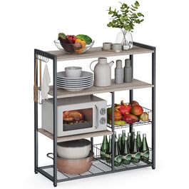 Стелаж кухонний VASAGLE з 2 металевими кошиками, бакалійний стелаж з гачками та полицями, для мікрохвильової печі, 35 x 80 x 93,5 см, золотий дуб + чорний