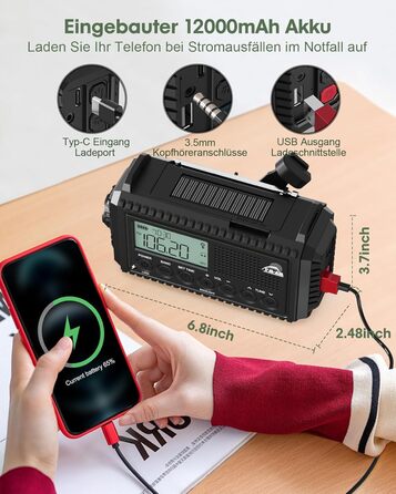 Радіоприймач Kurbelradio на 12000mAh з сонячною панеллю та ручкою, AM/FM/SW, з ліхтариком, USB-зарядкою, SOS-сигналом, для кемпінгу та надзвичайних ситуацій, зелений