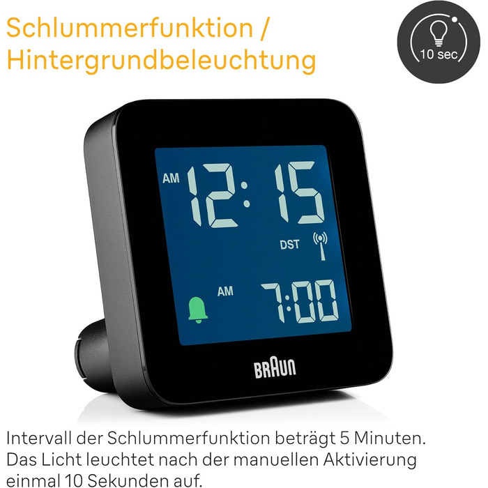 Braun Digital Radio Alarm Clock Central European Time (CET) with Snooze Function, Negative LC Display, Quick Set Function, Crescendo Alarm in Black, Model BC09B-DCF.