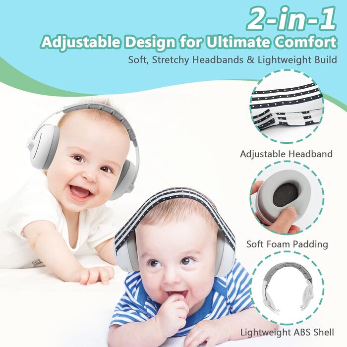 Навушники-захисники вух для дітей 0-4 роки, 2-в-1, захист від шуму, регульоване обруч, легка ABS-оболонка (білий)