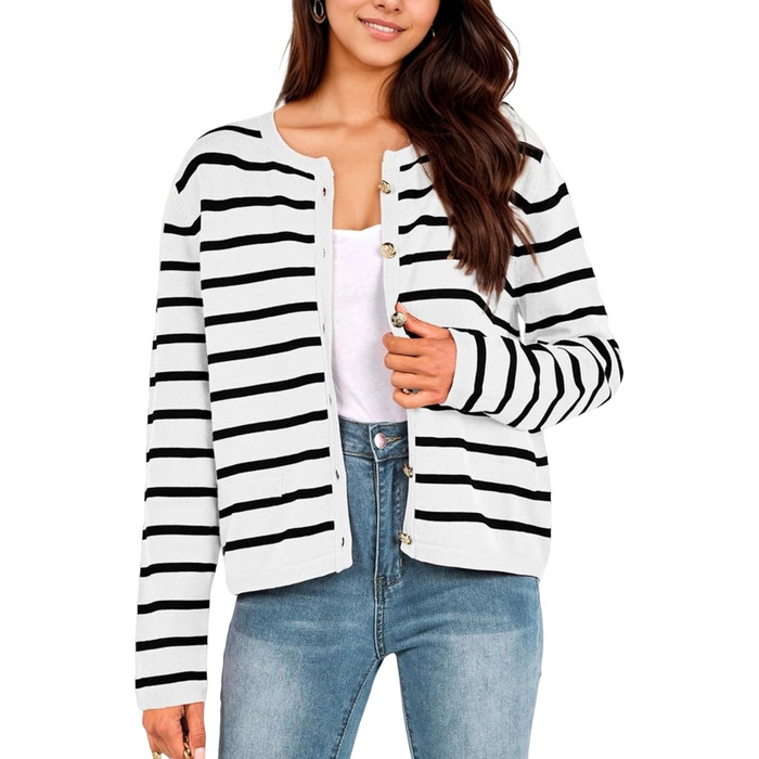 Жакет жіночий короткий з 2 кишенями на ґудзиках, смугастий, в'язаний, кардиган, мода, осінь (L, білий)