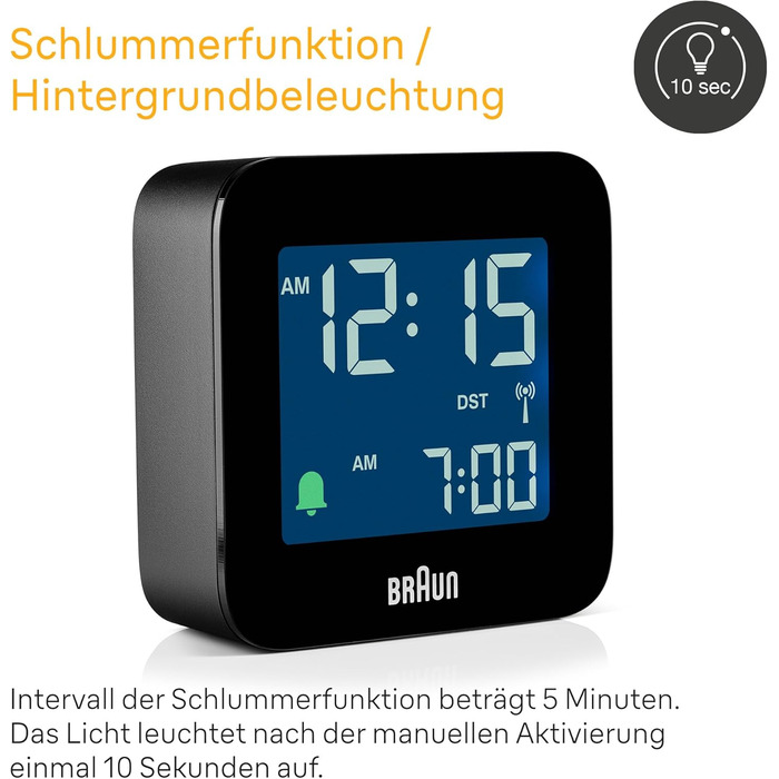 Braun Digital Travel Alarm Clock, Central European Time (CET) zone with snooze function, compact size, negative LC display, crescendo alarm in black, model BC08B-DCF.