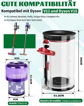 Dyson V11 V15 Dust Bin & Filter Replacement Parts - Compatible with SV14, SV15, SV17, SV22, SV28 - Fits Part Numbers 970050-01 & 965443-01