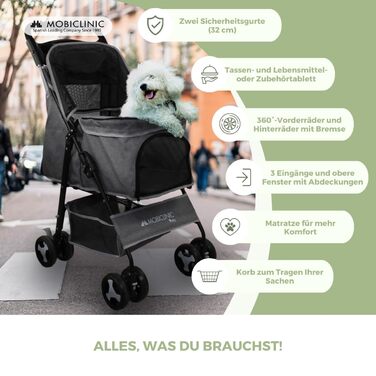 Mobiclinic® Pet Folding Dog Cart - 15kg Capacity, Small Dogs, Zuma Wheels with Brakes, XXL Storage Basket, 3 Zipper Windows & Mosquito Net, Cup Holder, Grey