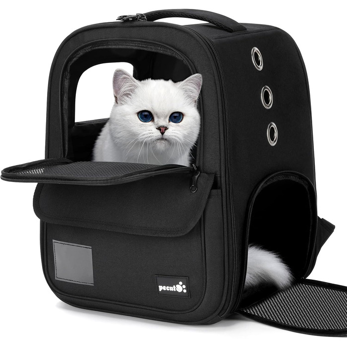 Рюкзак для кота Pecute, 6 кг, для маленьких собак, дихаючий, з безпечним тросом та замком, чорний