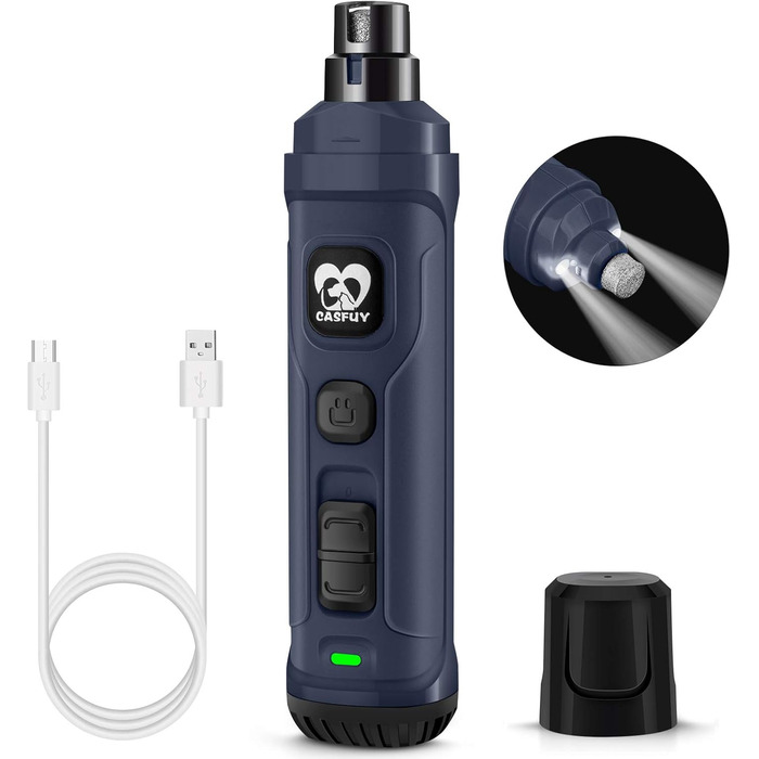 Електричний точилка для кігтів собак та котів Casfuy з LED-підсвіткою, 2 швидкості, тихий, для собак та котів малих та середніх порід (Navy Blue)