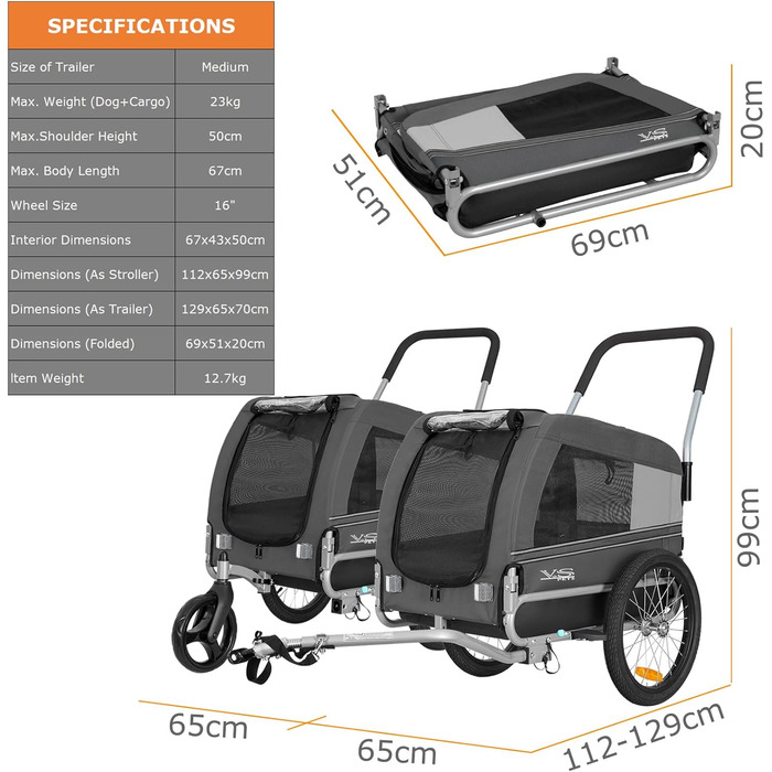 Універсальний візок для собак Tiggo VS Pets 2в1: візок та велосипедний причіп, сірий