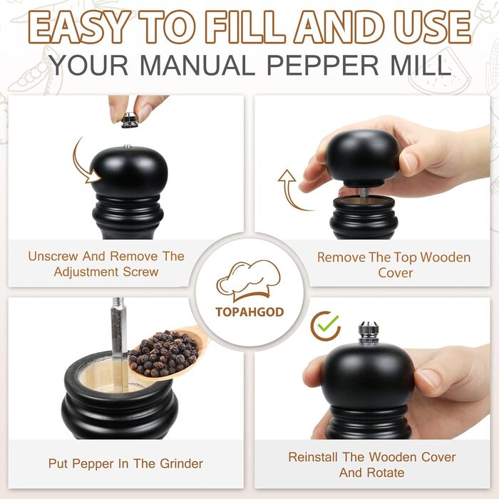 Набір з 2 мельниць для солі та перцю (соль, перець, чилі) - ручні, дерев'яні, з регулюванням помелу, класичний дизайн, чорний та білий