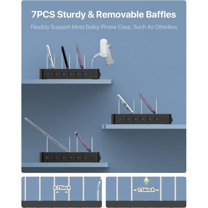 Зарядний хаб SooPii USB 60W/12A з 6 портами, органайзер для декількох пристроїв, з тримачем для Apple Watch, 6 кабелів у комплекті (Чорний)