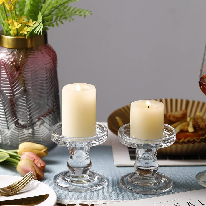 Glass Candle Holders for Pillar Candles/Taper Candles, Decorative Candle Stands, Set of 3, for Formal Events, Wedding, Church, Holiday Decorations, Table Decorations