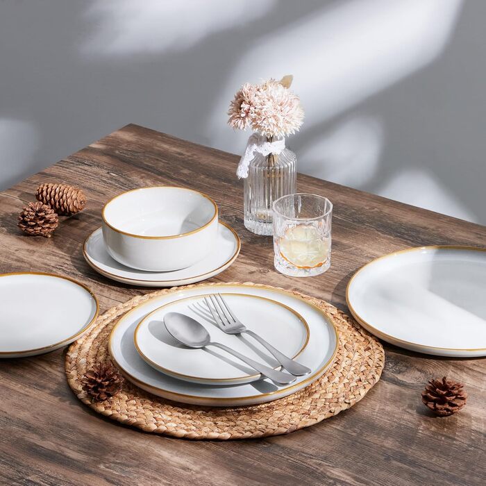 Набір посуду Joyfair на 6 осіб, 18 предметів: тарілки, миски, десертні тарілки, посуд з реактивної глазурі, для щоденного використання, сумісний з мікрохвильовою піччю та посудомийною машиною, пісочно-бежевий колір