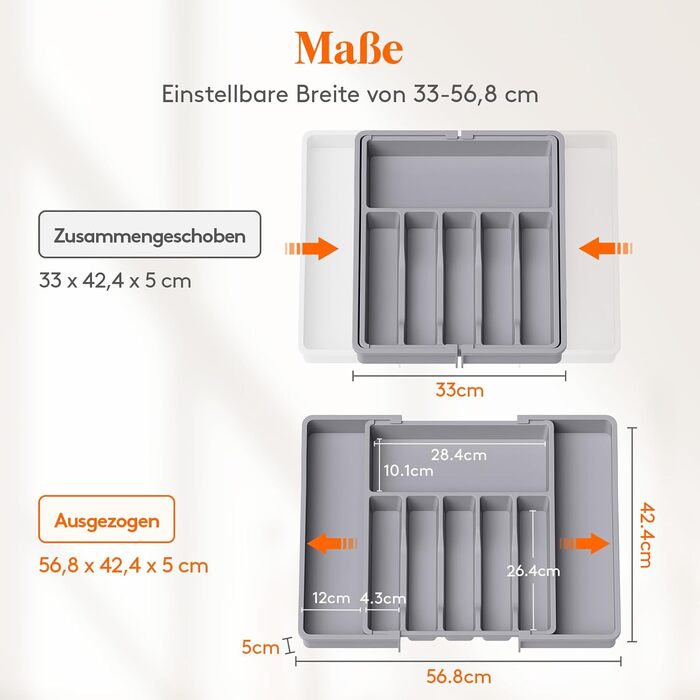 Органайзер для столових приборів Lifewit в шухляду, розсувний, пластиковий, 7-9 відділень, 38-50 см, сірий
