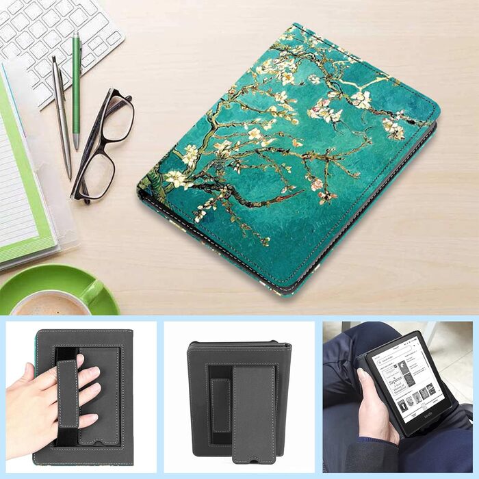 Чохол TOKILO для Kindle 6' eReader (11-те покоління 2024/2022), преміум шкіряний чохол з авто-ввімкненням/вимиканням, підставка, кишеня для карток, чорний (квіт Aprikosenblüte)