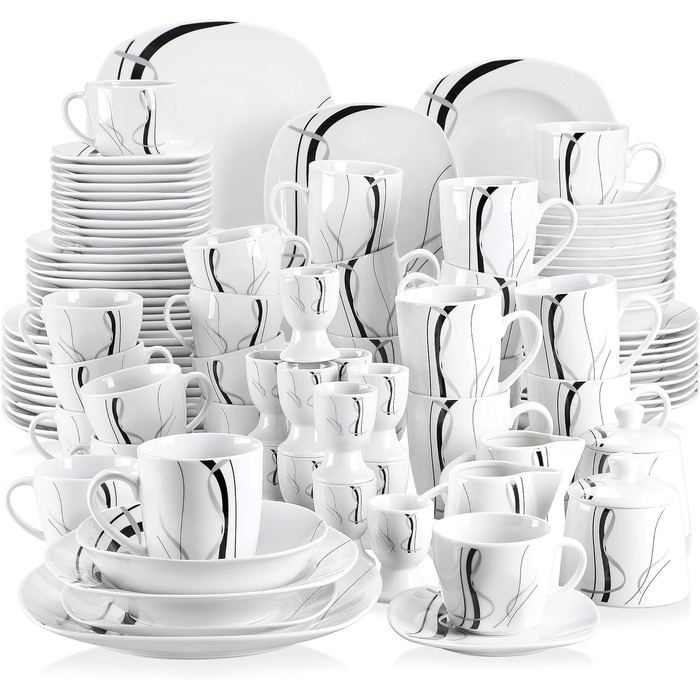 VEWEET FIONA 100-Piece Dinnerware Set, 12 Place Settings, Porcelain Dinnerware Set consisting of dinner plates, dessert plates, soup plates, cereal bowls, coffee cups, coffee mug set, egg cups, milk and sugar set