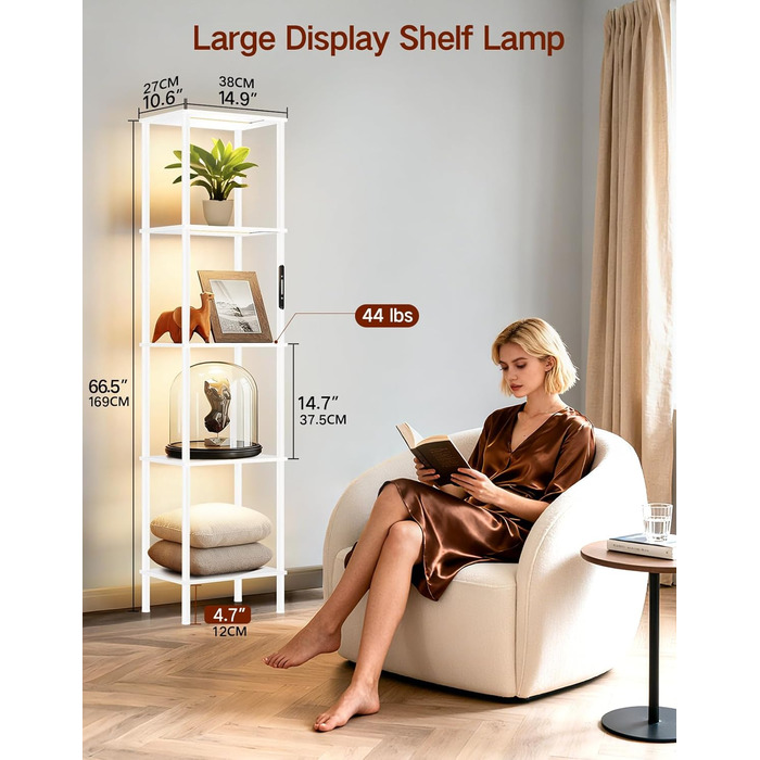 Стельова лампа з поличкою, LED, регулювання яскравості, 3 колірні температури, сенсорне управління та пульт, полиця для книг, дерев'яна, сучасний дизайн для вітальні, спальні, офісу (білий)