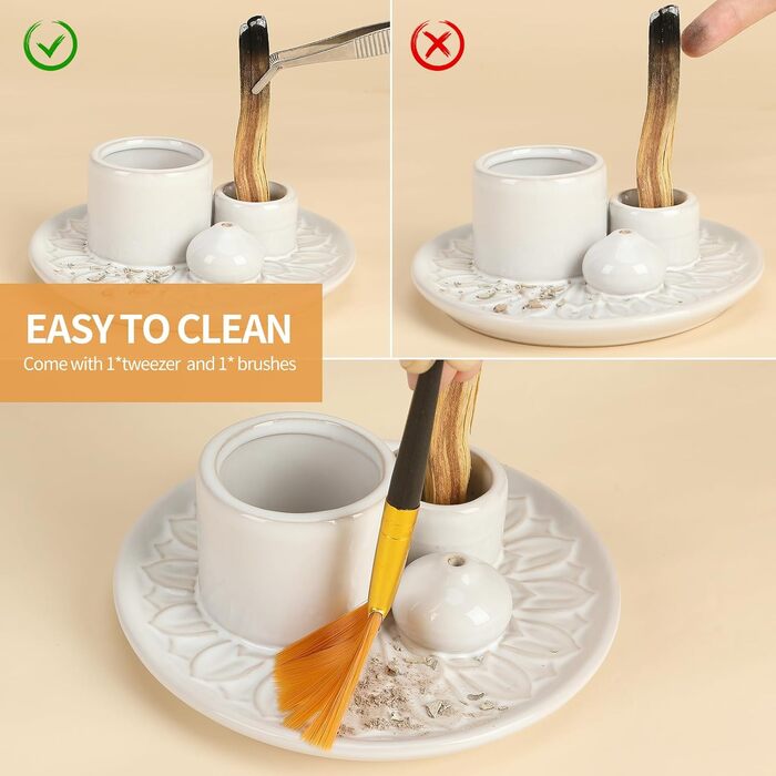 Palo Santo Incense Holder, Handmade Ceramic Incense Burner for Palo Santo Sticks, Sage Holder for Burning, Ash Catcher Tray for Meditation, Yoga Room, White