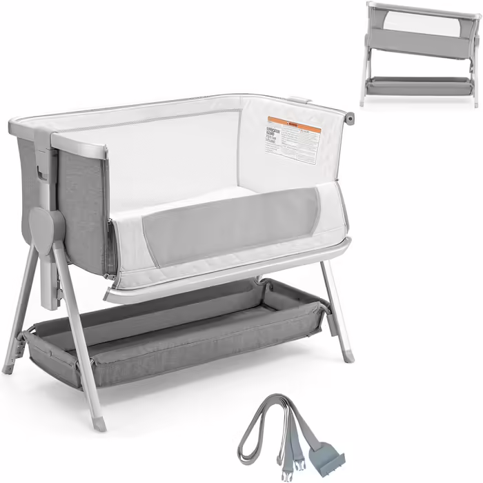 COSTWAY 2-in-1 Side Sleeper Bed & Travel Bed, Folding, Baby Cot with 7-Level Adjustable Height, Portable Baby Bed with Safety Belt, Mesh Windows, Mattress, Under-Bed Basket & Wheels (Dark Grey)