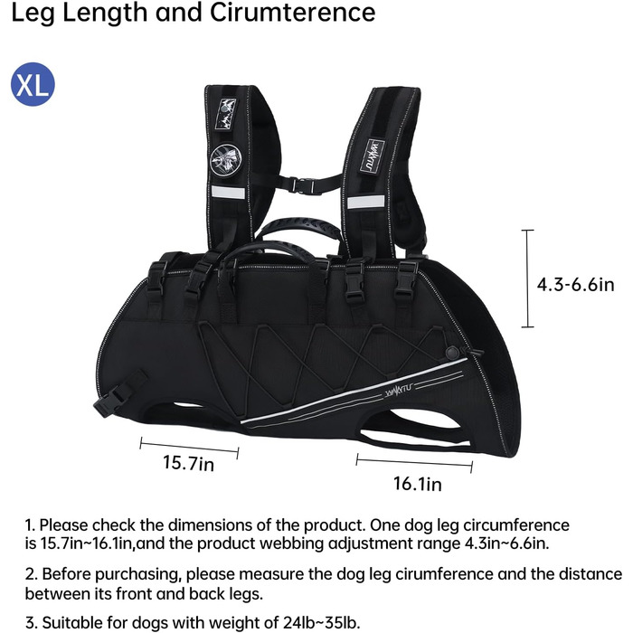 Шлейка-переноска для великих собак Wakytu: переноска-рюкзак для собак з проблемами суглобів, травмами, літніх собак (30-40 кг, XL, чорний)