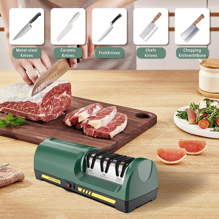 Електричний точило для ножів 3 ступені алмазних шліфрісків, 15° прецизійна кутова направляюча, для заточування та полірування сталевих та керамічних кухонних ножів, 120/600/1000 гріт