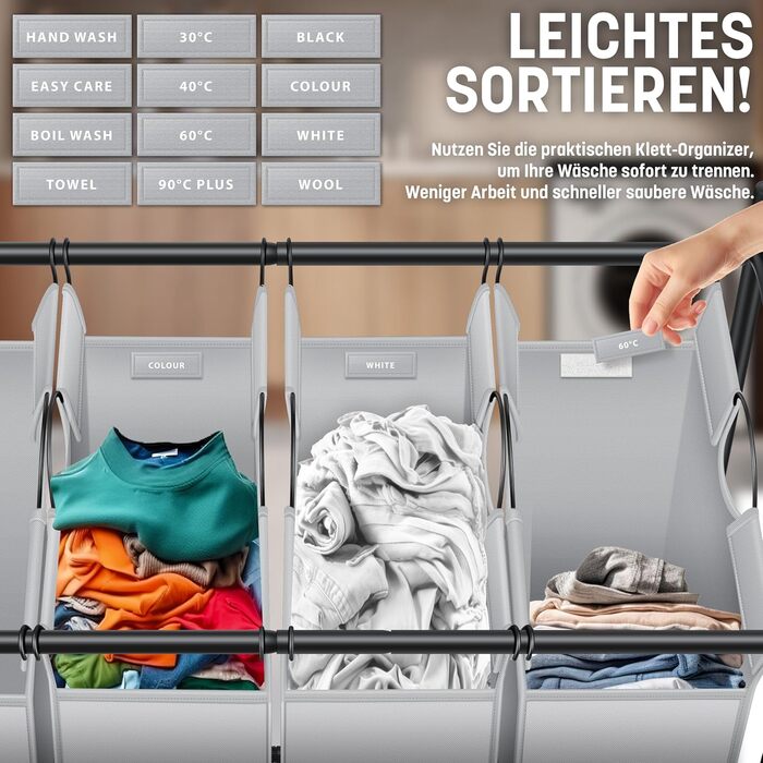 KESSER® Laundry Basket, Laundry Collector, Laundry Sorter with 4 Removable Fabric Bags | 4 Compartments x 35 Liters | Laundry Box with 12 Laundry Instructions, 360° Swivel Wheels with Brake, Laundry Sorting System, Laundry Cart, Grey