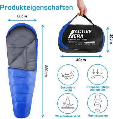 Сплячий мішок Active Era Mumienschlafsack – зимовий та літній, водонепроникний, вітрозахисний, ультралегкий, температурний режим -10°C до 10°C, компактний, для кемпінгу (блакитний)