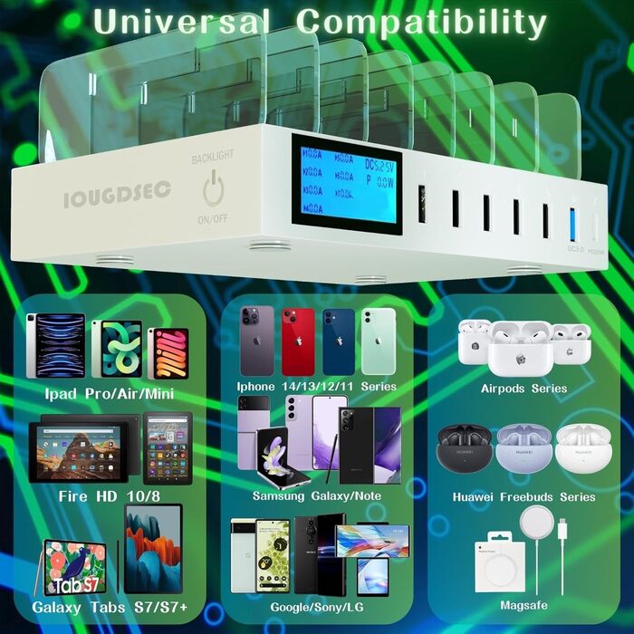 Зарядний пристрій Schnellladestation PD20W QC3.0 7-в-1 з LCD дисплеєм, USB-хаб для iPhone, iPad, Samsung, Huawei (Чорний)