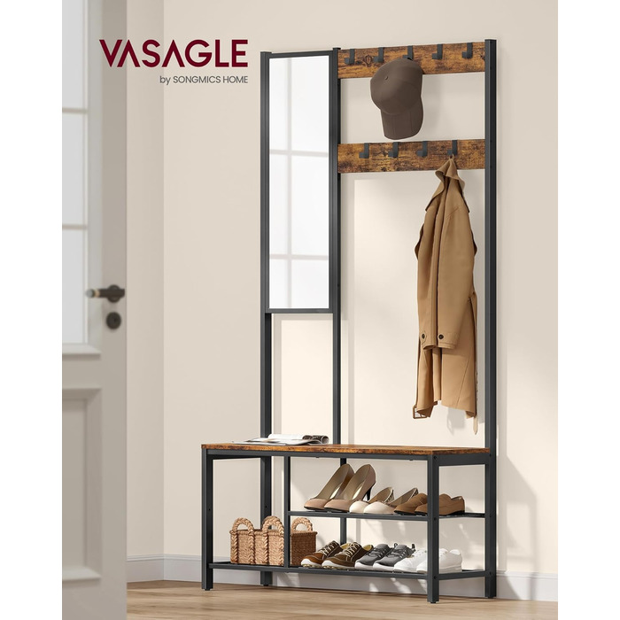 VASAGLE Coat Rack, Coat Stand with Hooks, Clothes Rack with Mirror, Shoe Bench and Shelves, 36 x 98 x 185 cm, for Entryway, Bedroom, Living Room, vintage brown-black HSRAM050B01
