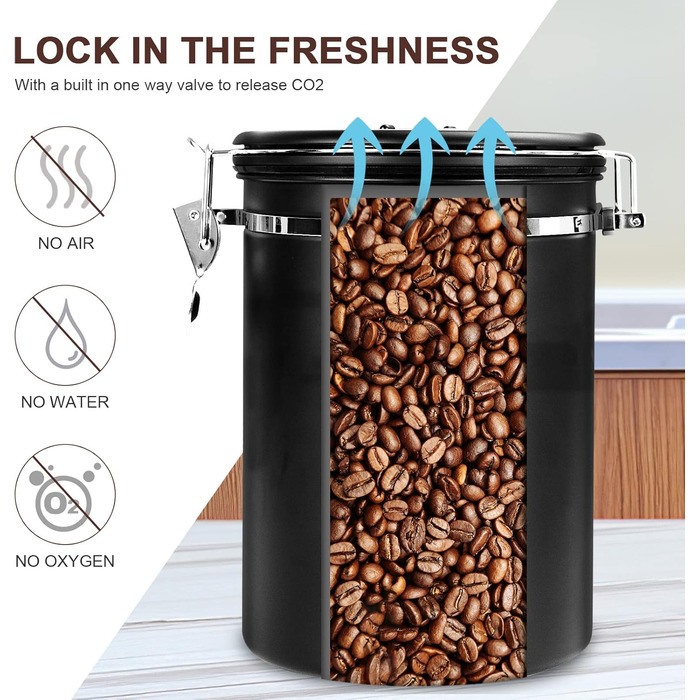 Герметичний контейнер для кави з нержавіючої сталі, 2,8 л, з CO2-вентилем та індикатором дати - для кавових зерен, кави, чаю, горіхів, какао, з мірною ложкою
