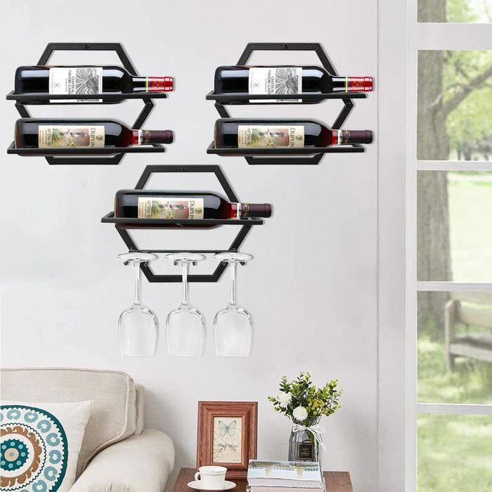 Metal Wall Mounted Wine Holder Stemware Glass Rack, 2Pcs Hanging Glass Wine Shelf Wall Mount Red Wine Shelf Organizer with 3 Stem Glass Holders for Home Kitchen Bar Display Decor (Bb)