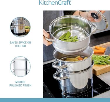 Набір з 3 каструль KitchenCraft з пароваркою, 3-рівневий, з нержавіючої сталі, для індукції, 22 см, сріблястий, у подарунковій коробці