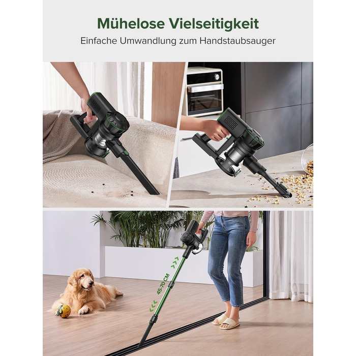 Бездротовий пилосос Vexilar Akku: 60 хвилин роботи, 45 kPa, 550 W, безщітковий мотор, LED дисплей, 6-в-1, тихий, для дому/авто, тверді підлоги, килими, шерсть тварин, зелений