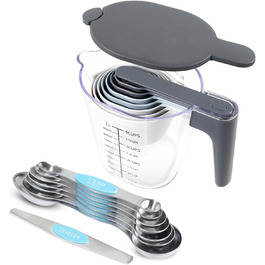 Recogwood 18-Piece Measuring Cup and Spoon Set, includes 10 stackable measuring cups with lids and 8 magnetic measuring spoon set for liquids and dry ingredients, BPA-free (blue)