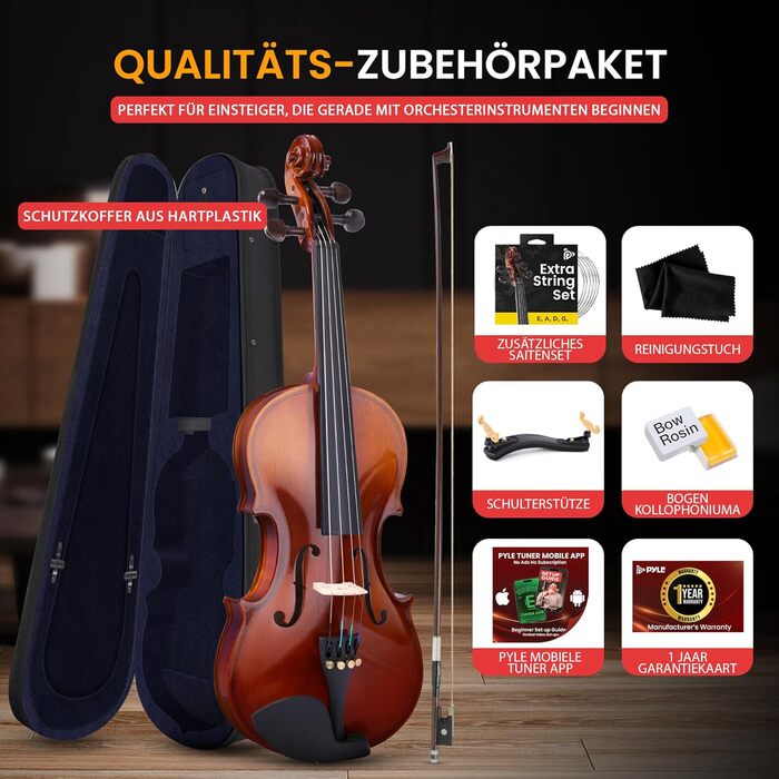 Скрипка Pyle 3/4 з дерева – повний набір для дітей та початківців (скрипка, смычок, футляр, підставка, тюнер, каніфоль, запасні струни)