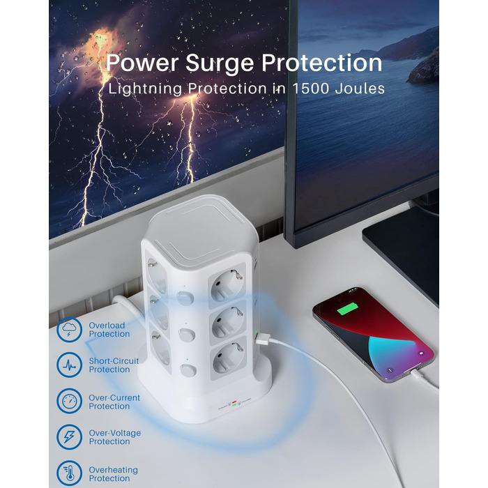 Стедова колонка KOOSLA з 12 розетками, захистом від перенапруги (4000W/16A) та 6 USB, 5м, білий - для офісу, кухні, столу