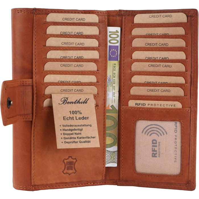 Benthill Women's Wallet Large Genuine Leather | Large Wallet XXL with RFID Protection | Vintage Genuine Leather Women's Wallet with Many Card Slots including Gift Box, Color: Brown