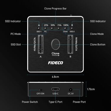 Док-станція для SSD FIDECO M.2 NVMe SATA, USB 3.2 Gen 2 (20Gbps), алюмінієвий корпус, підтримка клонування, UASP, TRIM