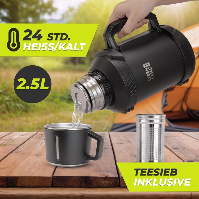 Термос LEBENLANG 2,5 л з чашкою, ситом та ремінцем - 24 год тепла. Термофляшка, термокухоль, фляга з нержавіючої сталі, 2500 мл