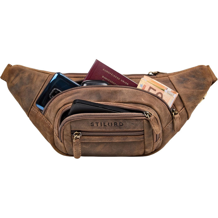 STILORD 'Dublin' чоловіча поясна сумка з натуральної шкіри велика, водовідштовхуюча, захист від крадіжки, багато відділень, XXL, для подорожей, активного відпочинку, фестивалів, колір: коричневий (Mittel - Braun)