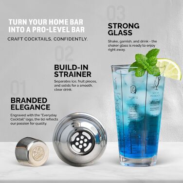 EVERYDAY COCKTAIL® Professional Glass Cocktail Shaker, 400 ml, Martini Shaker, Shaker with Recipes on the Side, Transparent Bar Shaker with Measurements, Integrated Strainer with Seal