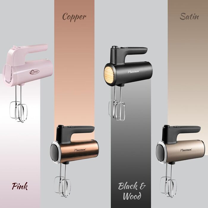 Міксер ручний Bestron Power з 6 рівнями потужності, Turbo-функцією та LCD-дисплеєм. В комплекті: 2 вінчики та 2 гаки для тіста. Легкий (1 кг), колір: мідний