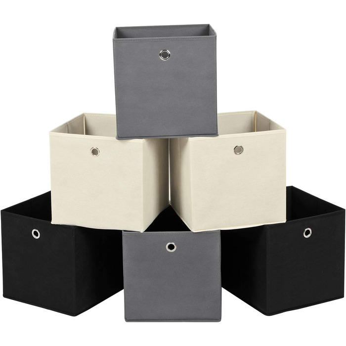 SONGMICS Storage Box, 6 Pack, Folding Box, Foldable Organizer, with Finger Hole, 30 x 30 x 30 cm, RFB02H-3 (Grey+ Black+ Beige)